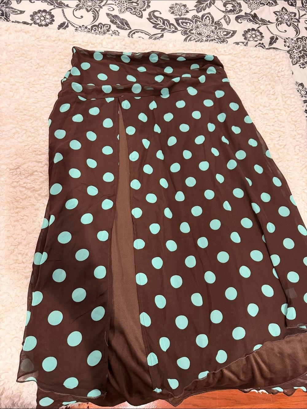 Fashion Nova Brown High Slit Skirt with Mint Polka Dots
